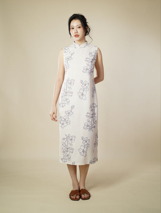 Printed Mandarin Collar Sleeveless Midi Dress