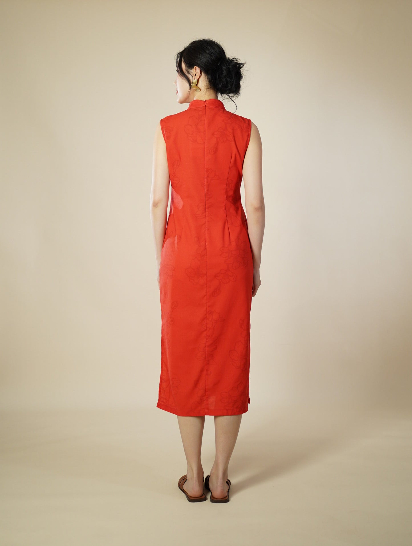 Printed Mandarin Collar Sleeveless Midi Dress