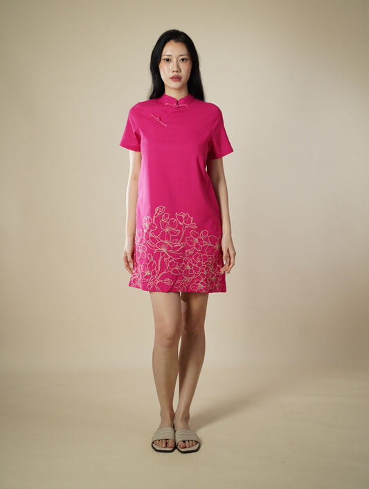 Embroidered Mandarin Collar Short Sleeve Short Dress