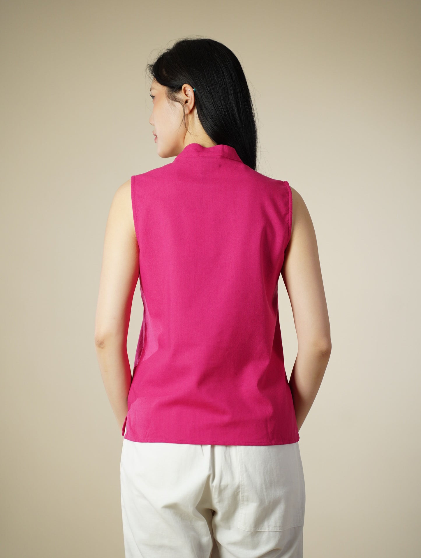 Embroidered Mandarin Collar Sleeveless Top