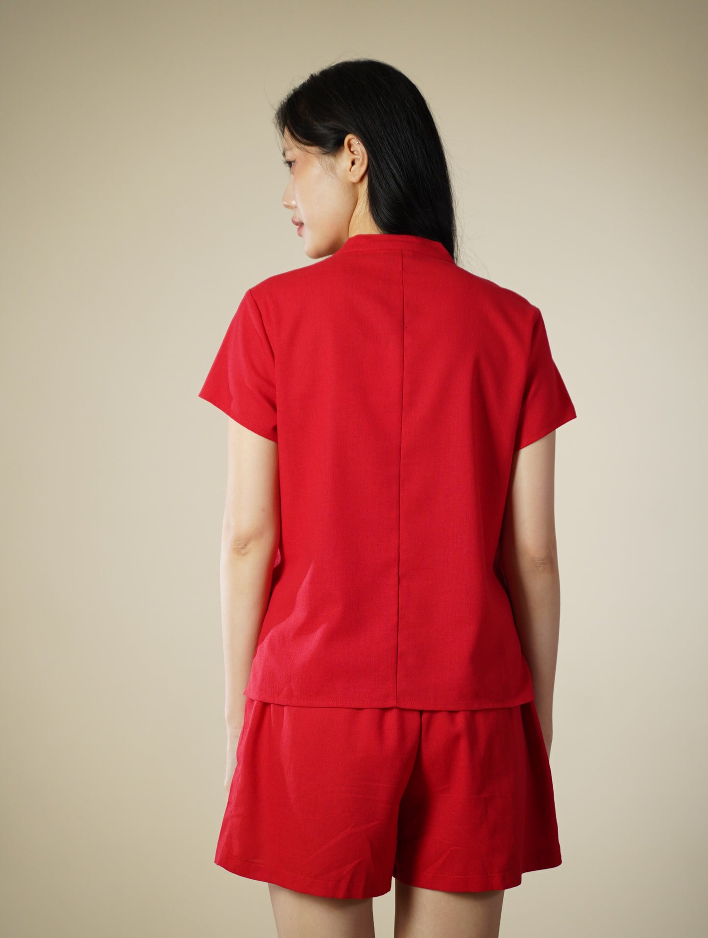 Embroidered Mandarin Collar Ribbon Short Sleeve Top