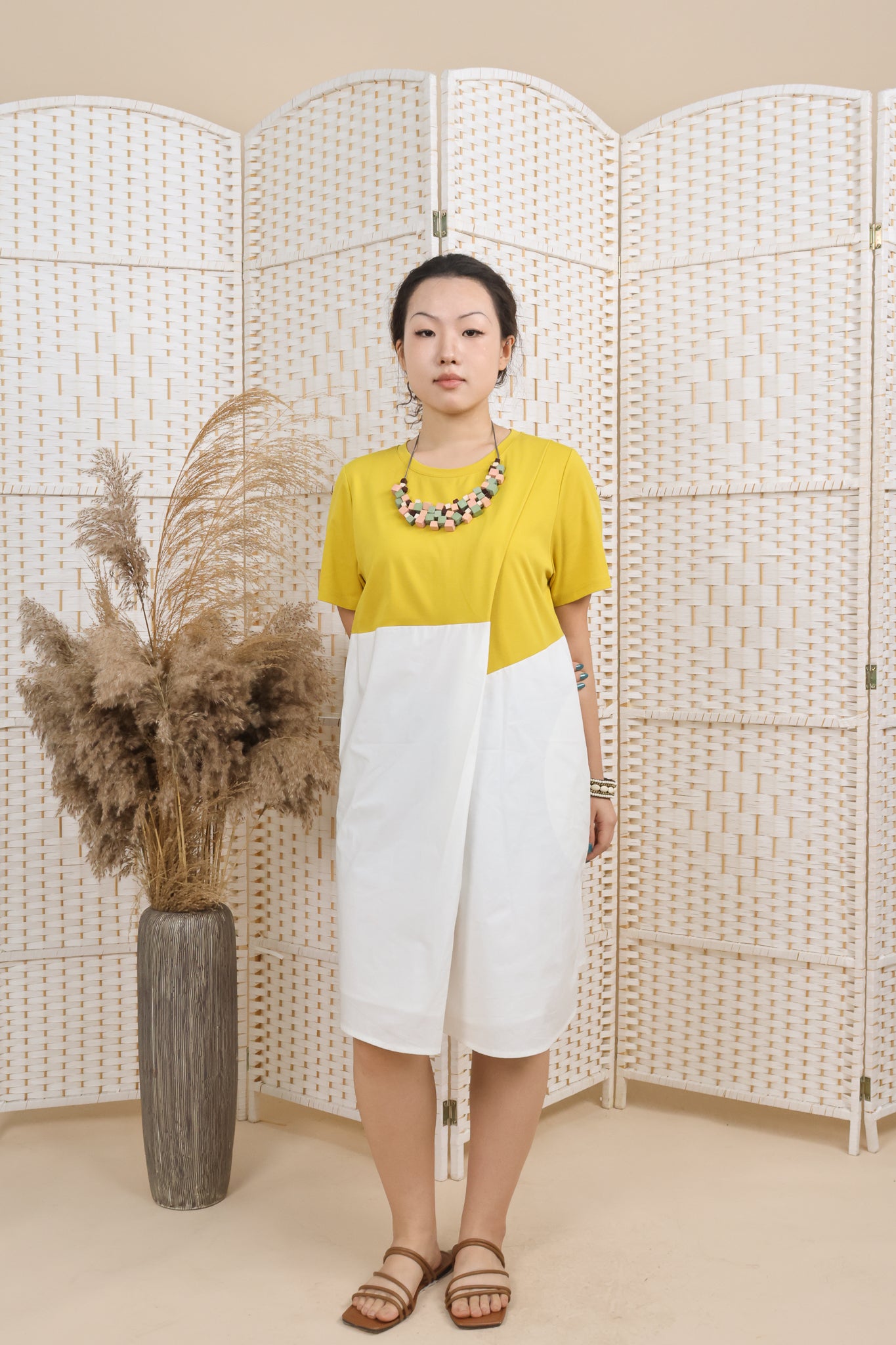 Contrast Fabric Overlapping Dress