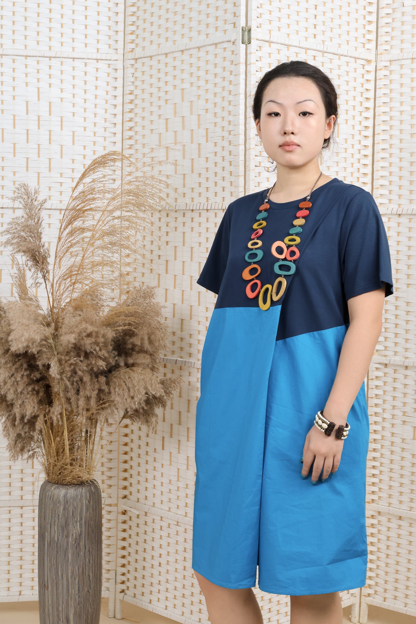 Contrast Fabric Overlapping Dress