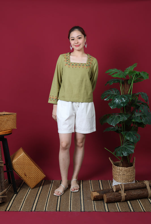Square Neck Line With Floral Embroidery Long Sleeve Top