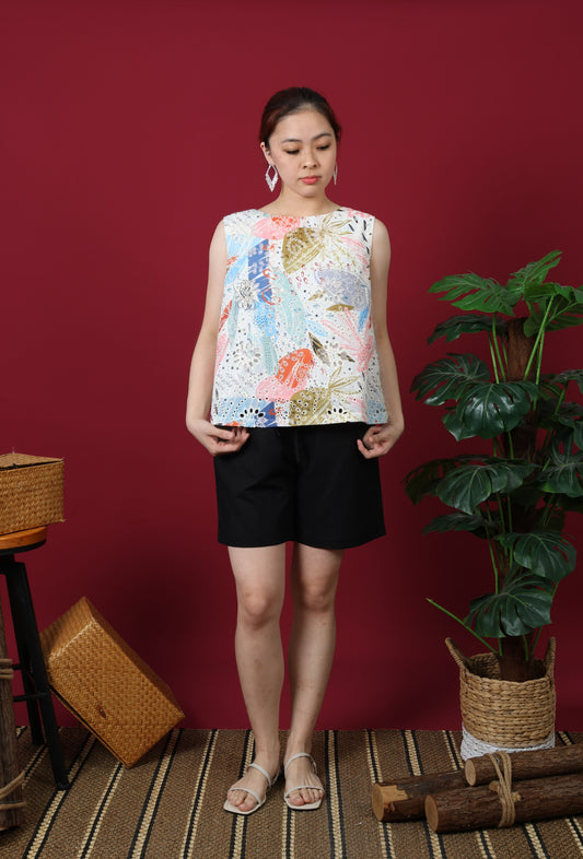 Boat Neck With Floral Print Sleeveless Top