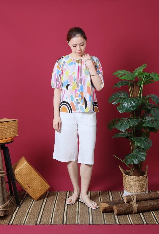 Printed Gathered Neckline Blouse