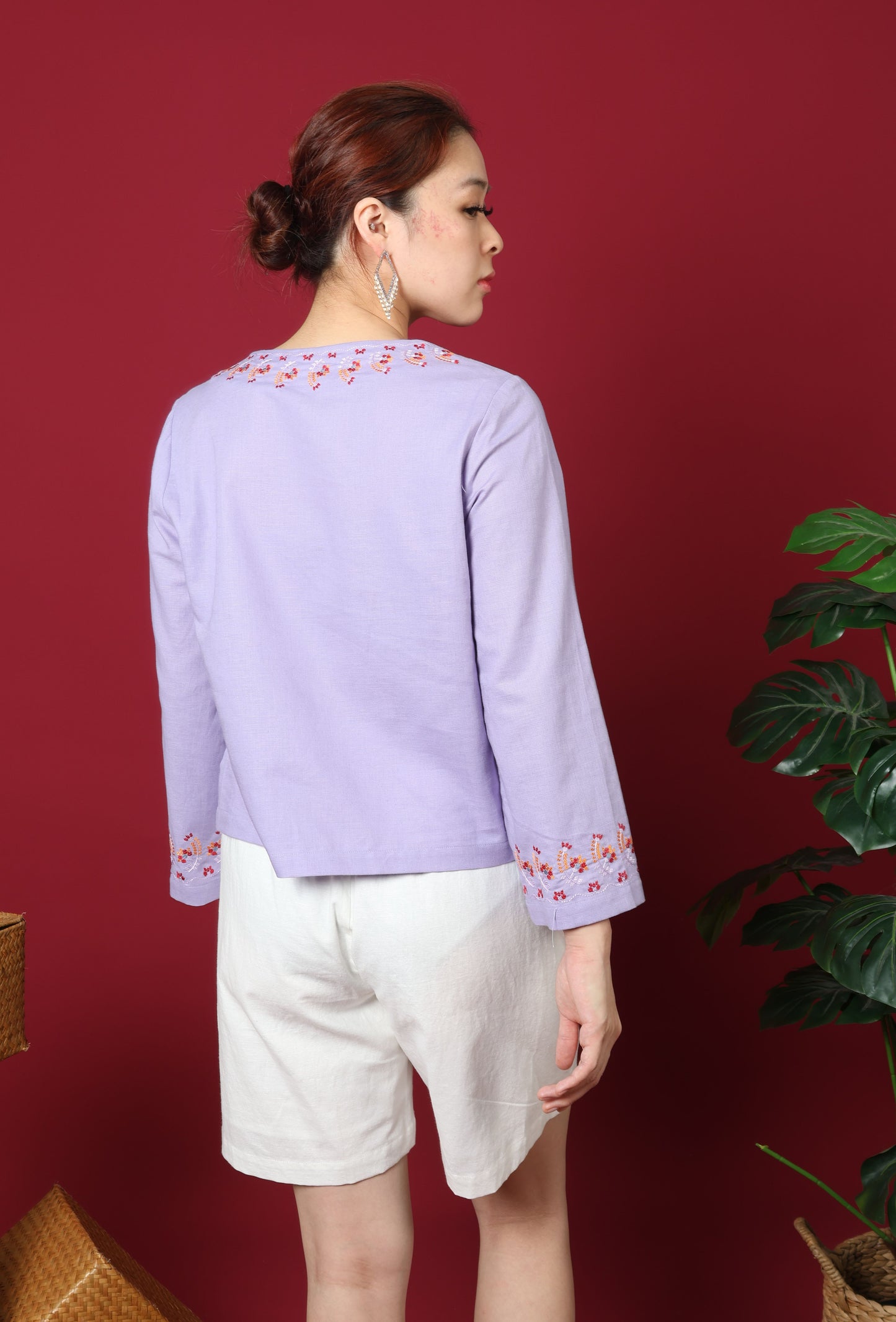 Square Neck Line With Floral Embroidery Long Sleeve Top