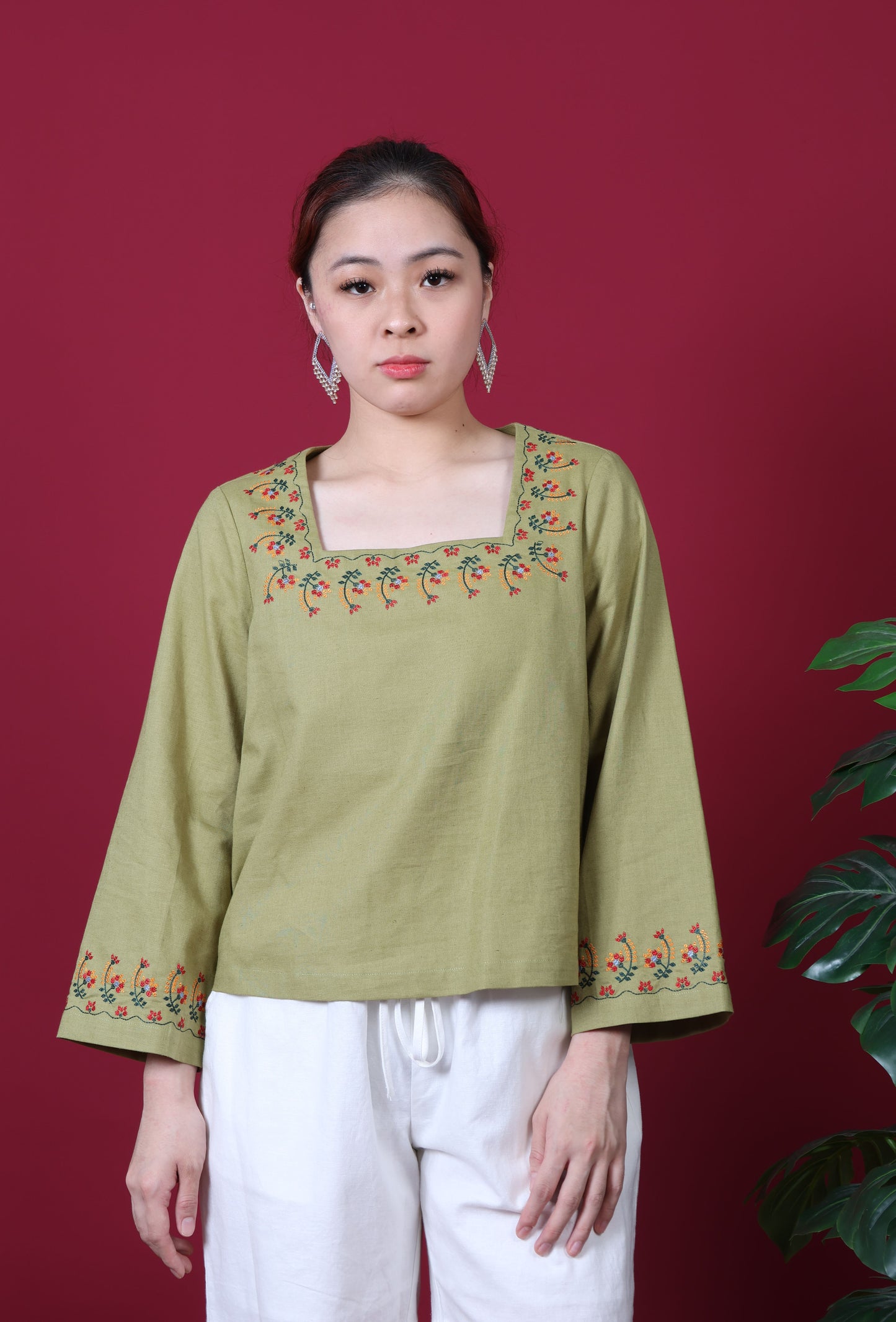 Square Neck Line With Floral Embroidery Long Sleeve Top