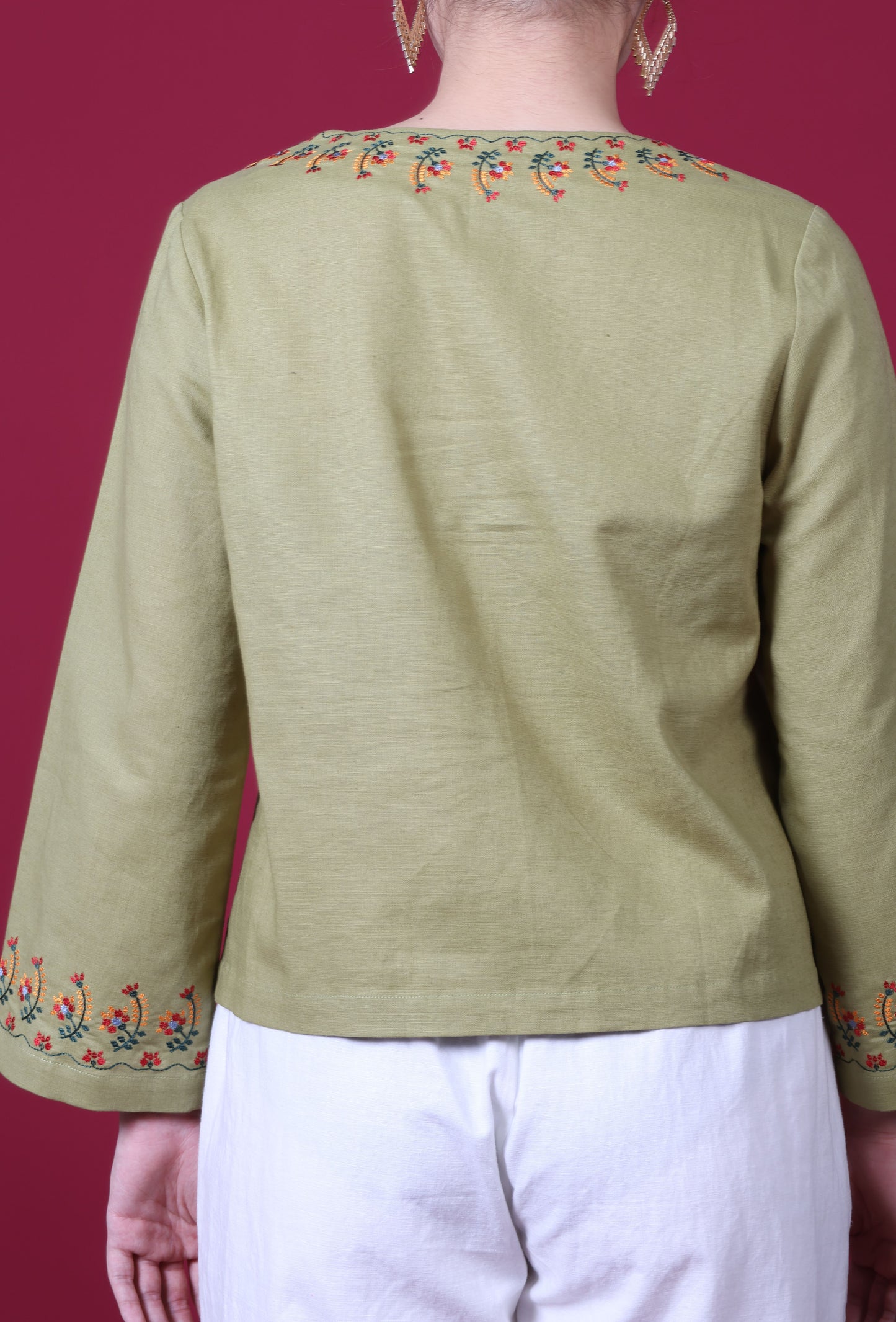 Square Neck Line With Floral Embroidery Long Sleeve Top