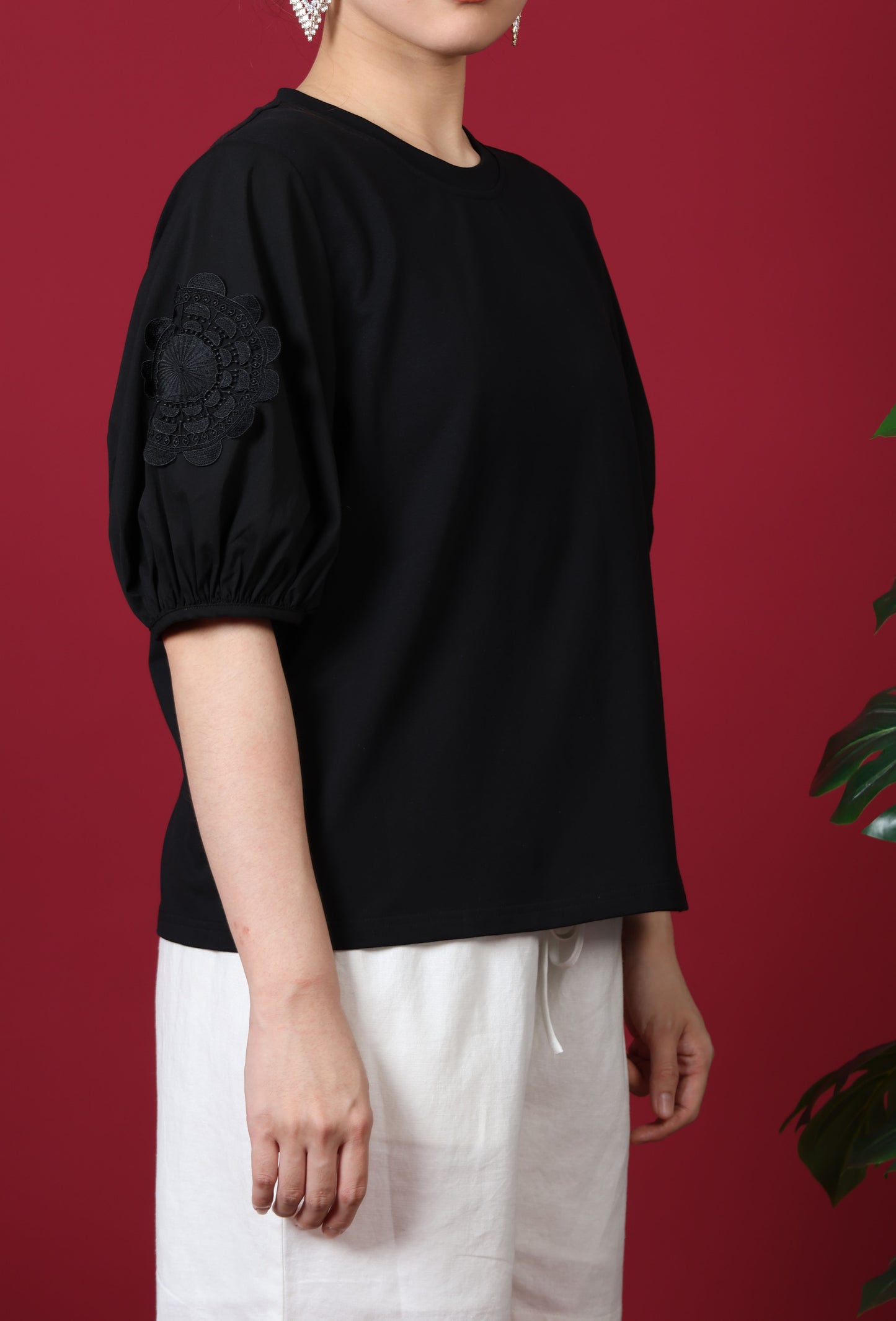 Round Neck With Patch Lace Puff Sleeve Top