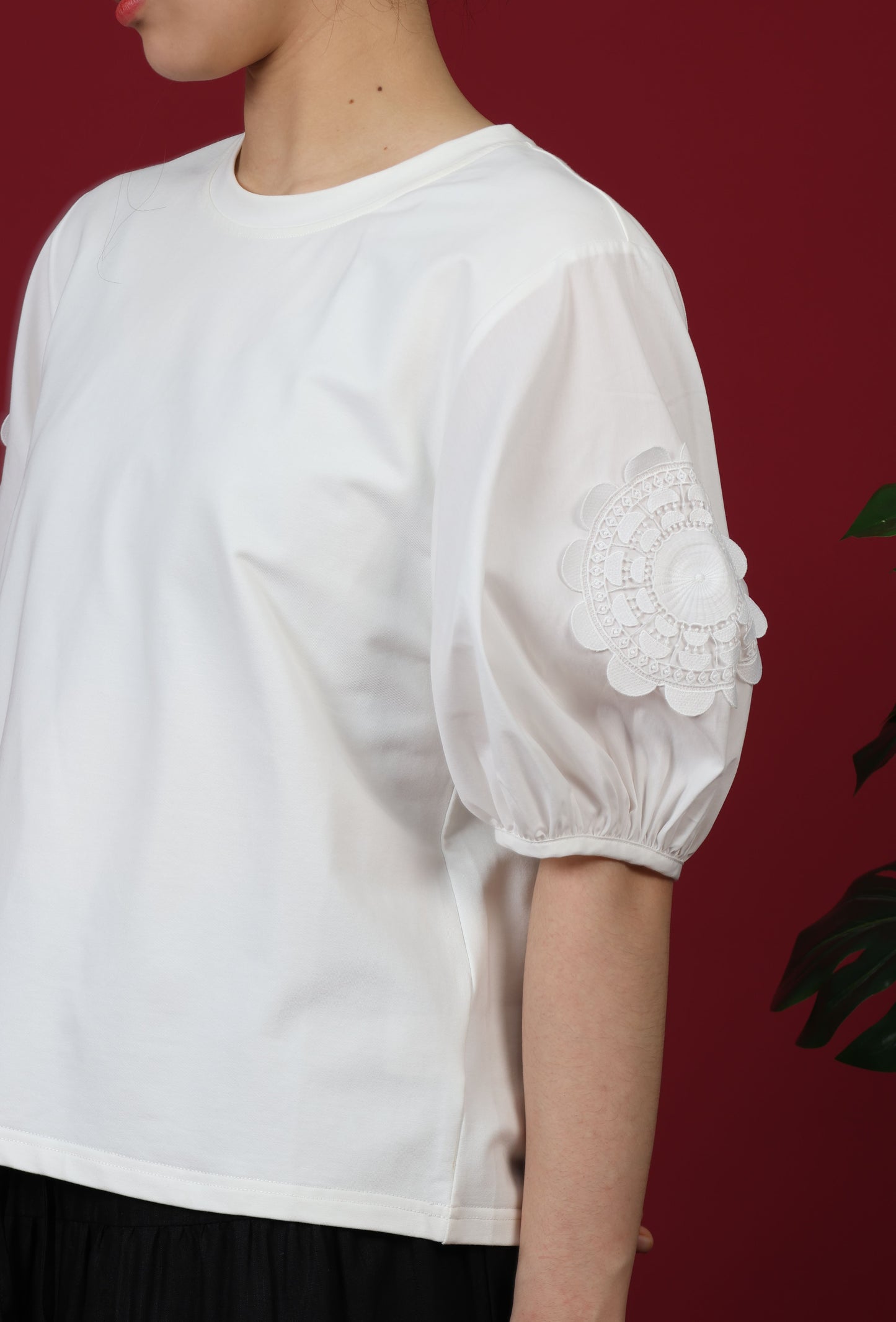 Round Neck With Patch Lace Puff Sleeve Top