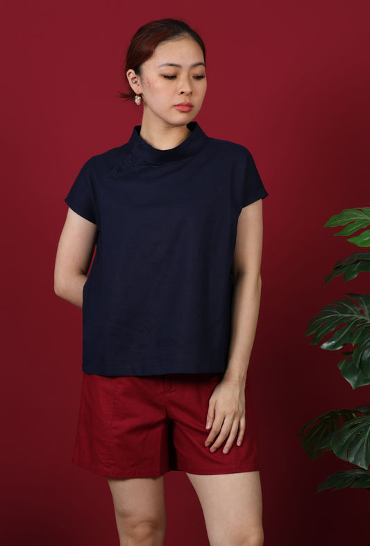 Buttoned Collar Capped Sleeves Top