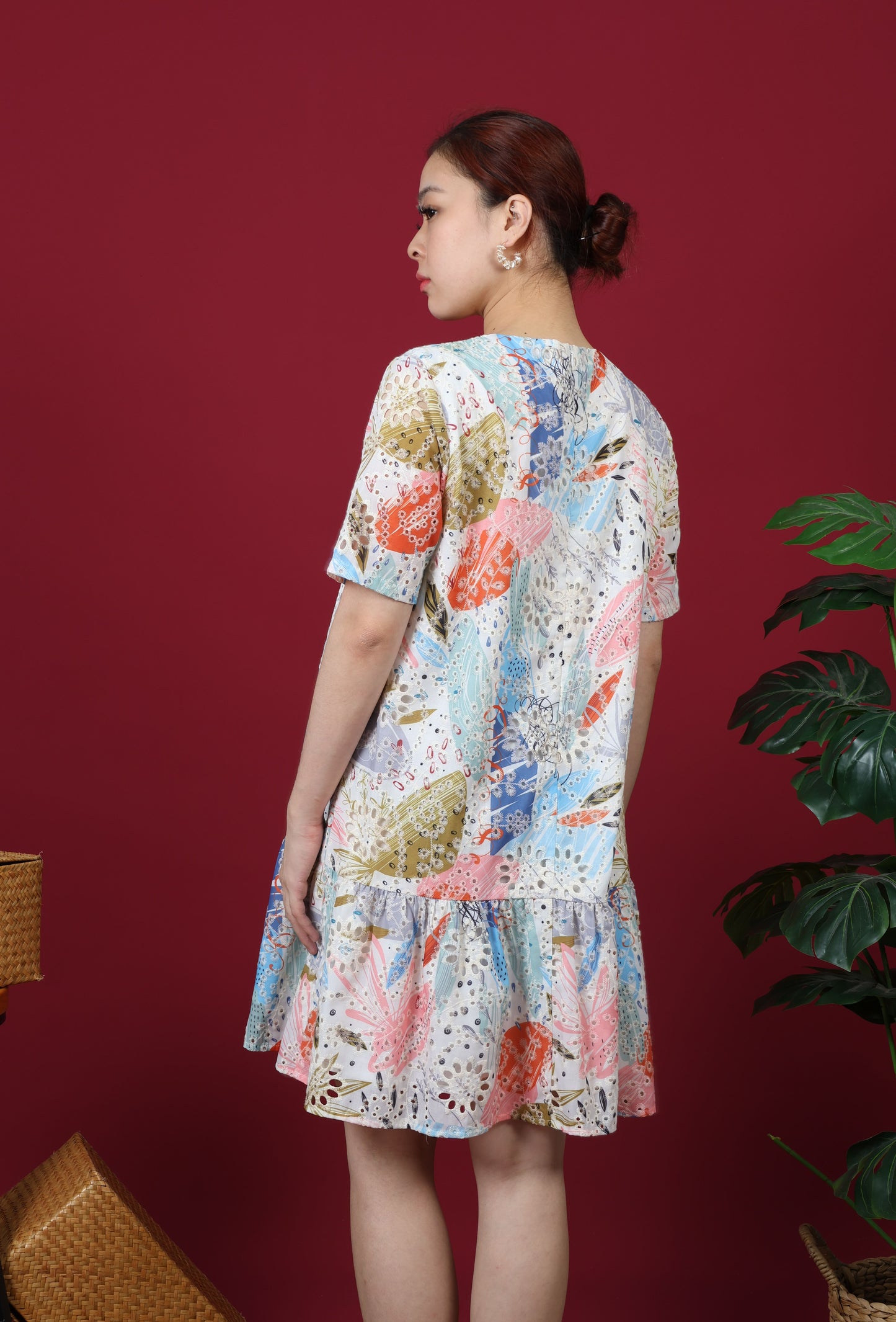 Mandarin With Floral Print Short Sleeve Dress