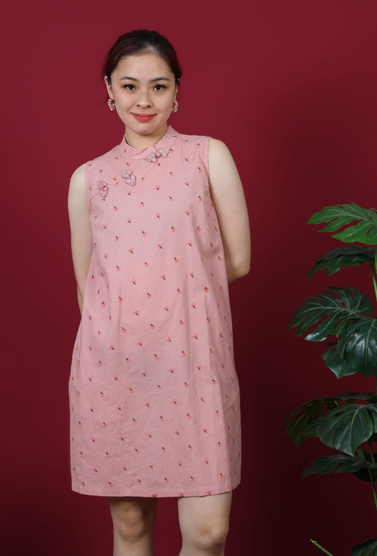 Floral Embroidered Mandarin Collar Mini Dress