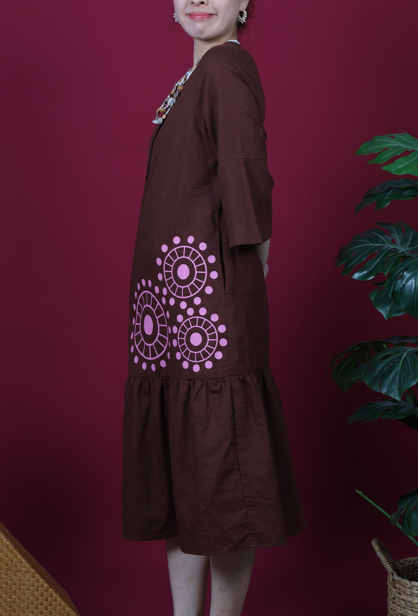 Mandarin Collar With Lace Print Slash Sleeve Dress
