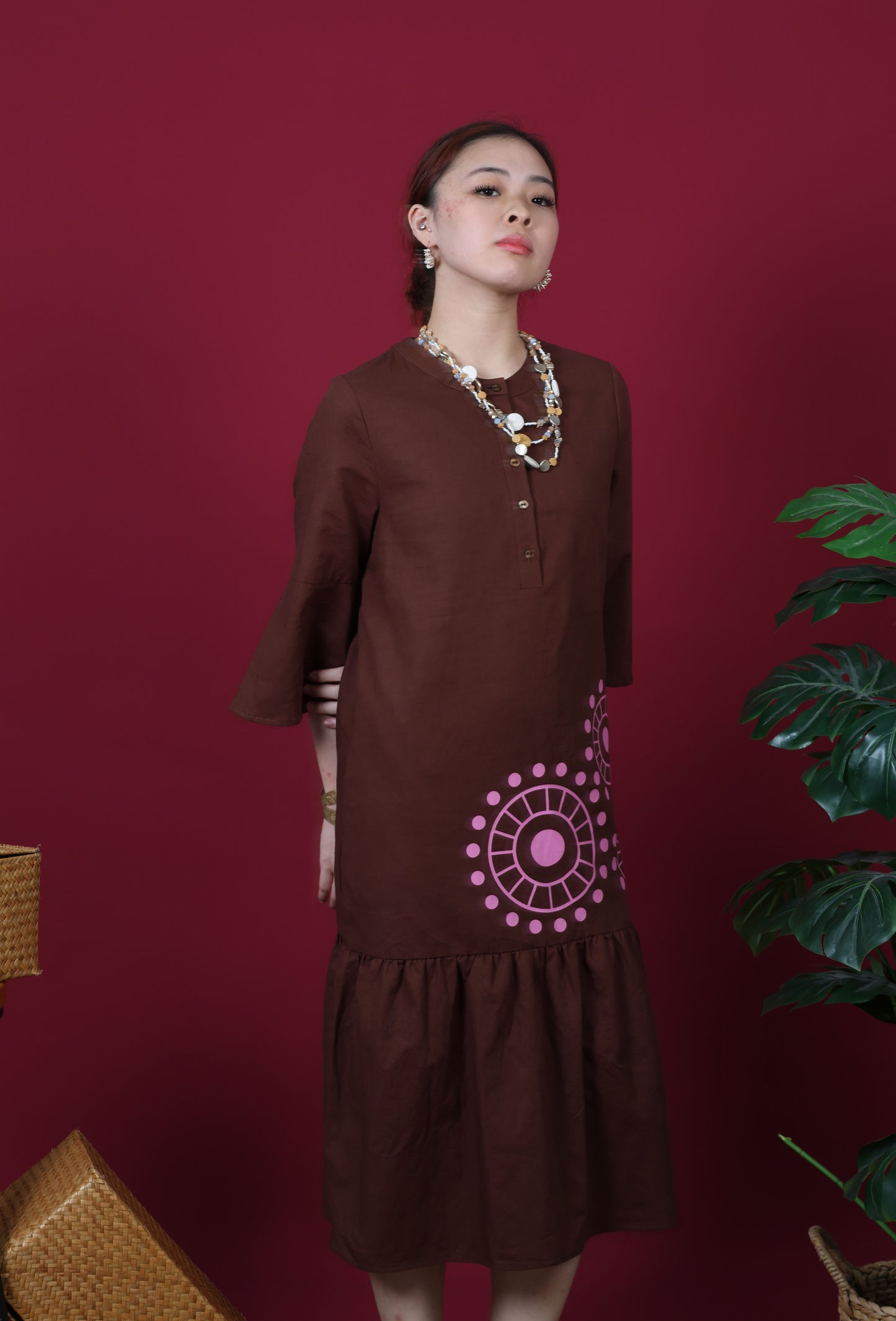 Mandarin Collar With Lace Print Slash Sleeve Dress
