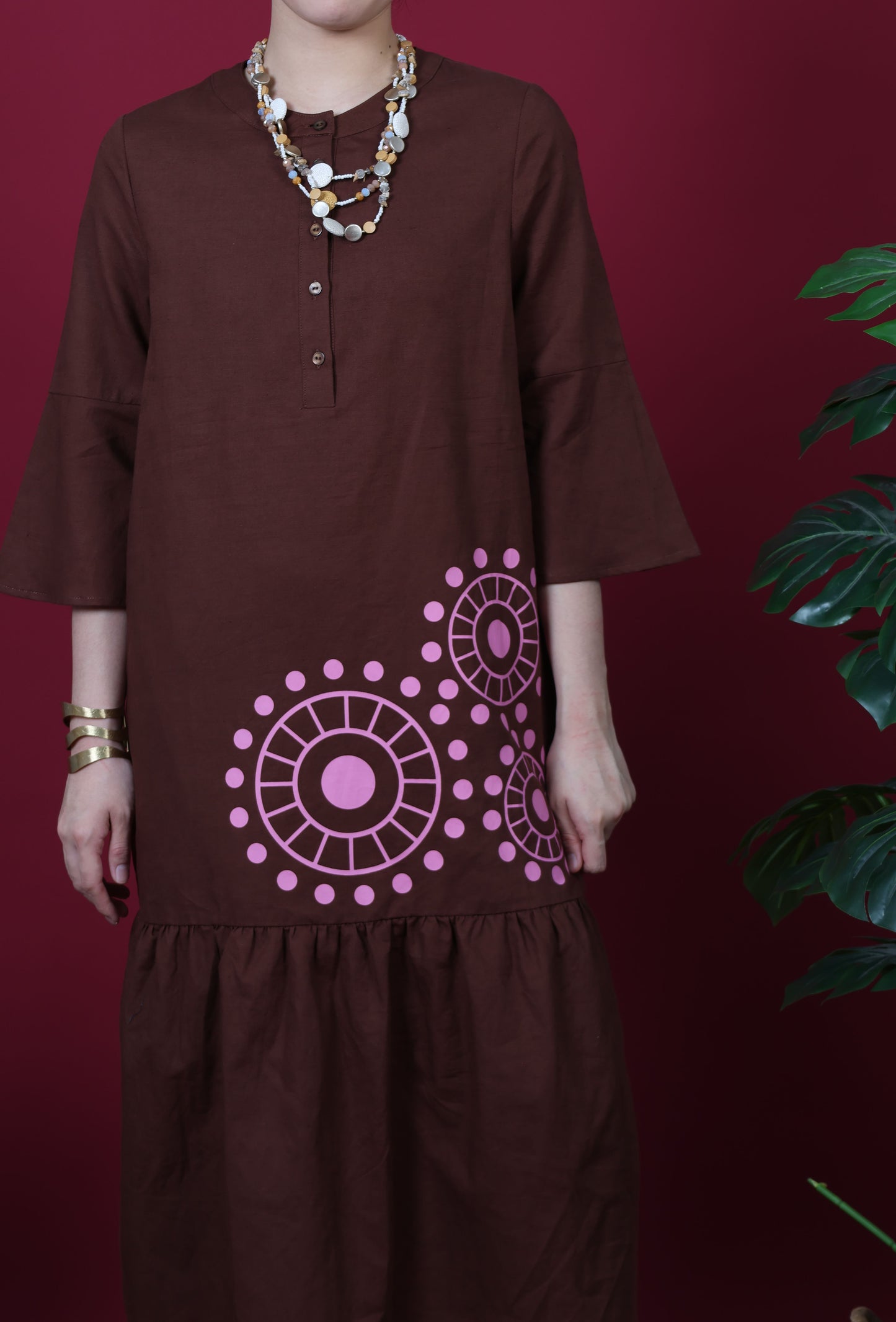 Mandarin Collar With Lace Print Slash Sleeve Dress