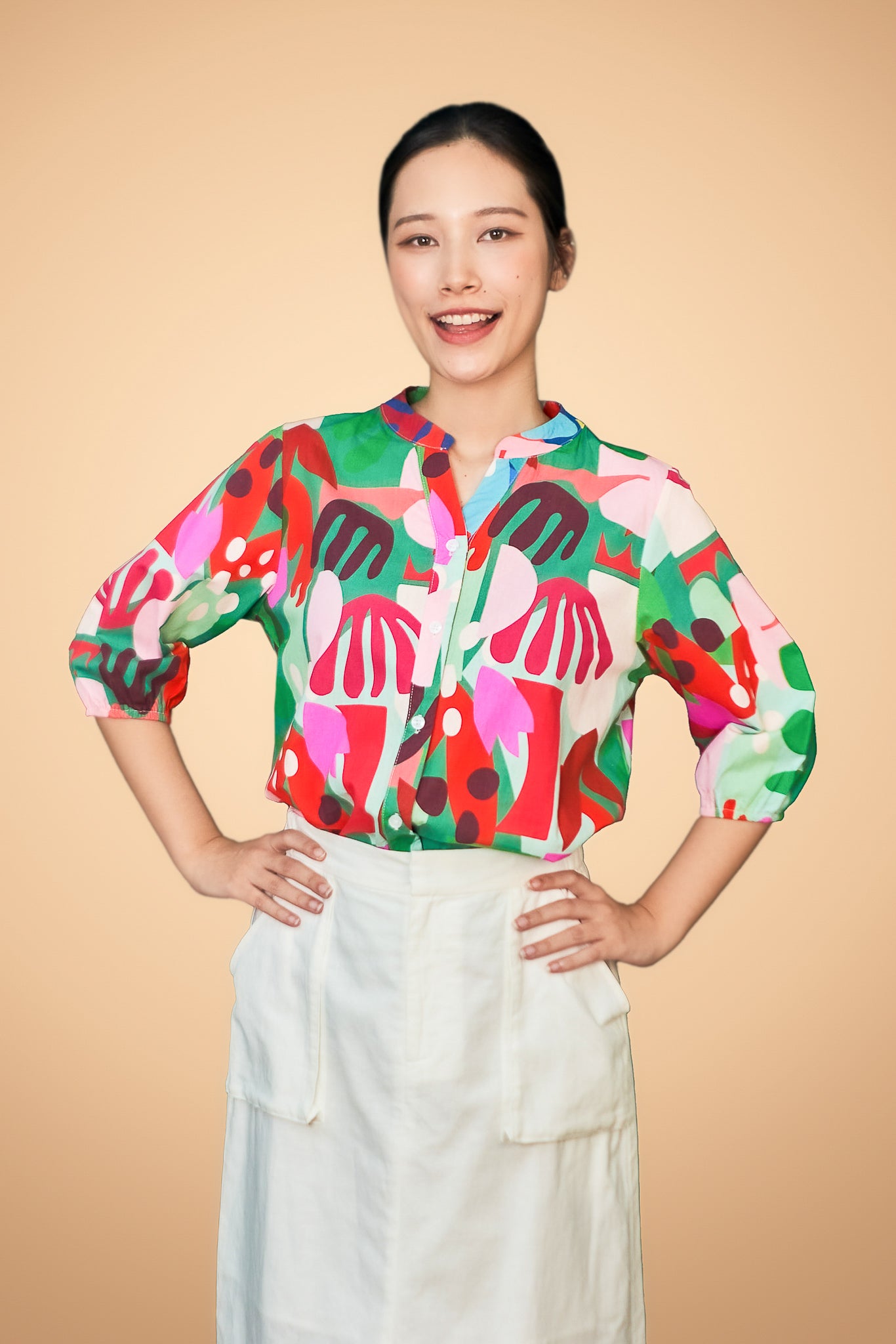 Printed Button Short Sleeve Top