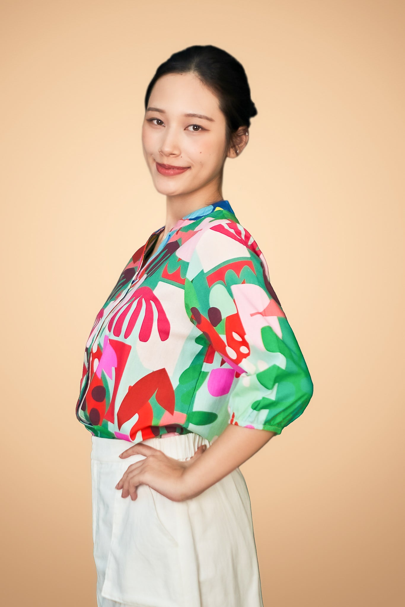 Printed Button Short Sleeve Top