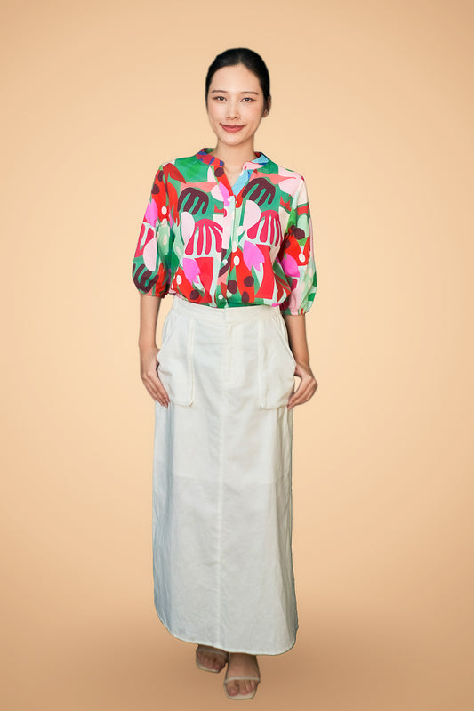 Printed Button Short Sleeve Top