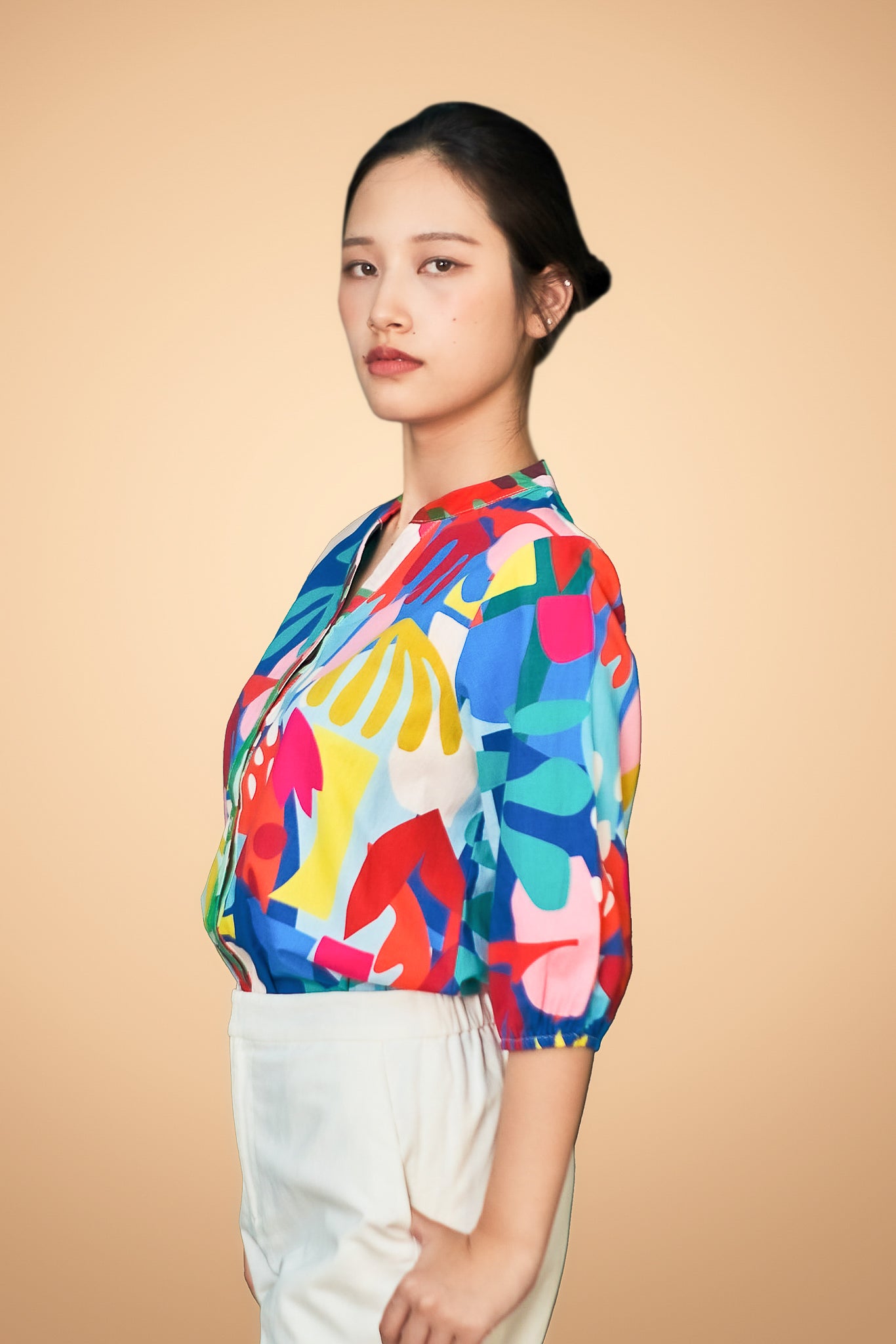 Printed Button Short Sleeve Top