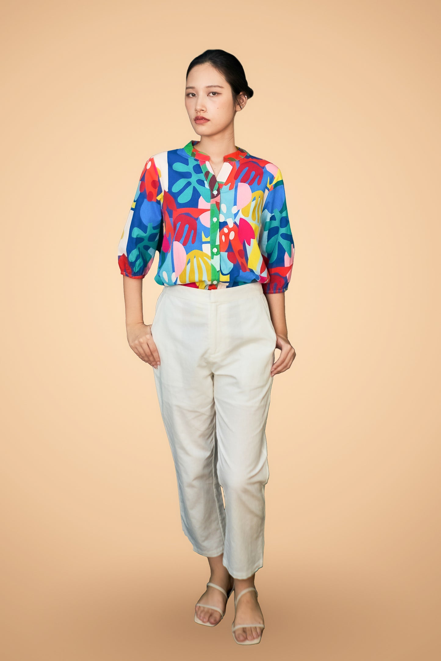 Printed Button Short Sleeve Top