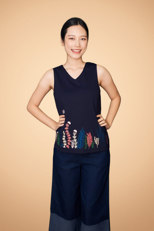 Embroidered Sleeveless V Neck Top
