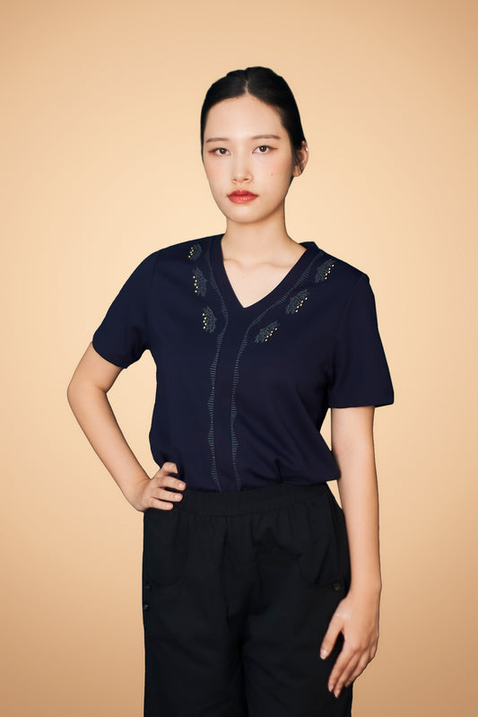 Embroidered Short Sleeve V Neck Top