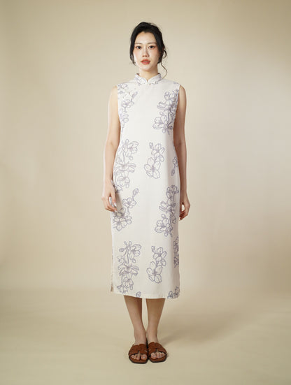 Printed Mandarin Collar Sleeveless Midi Dress