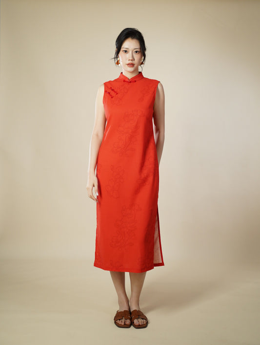 Printed Mandarin Collar Sleeveless Midi Dress