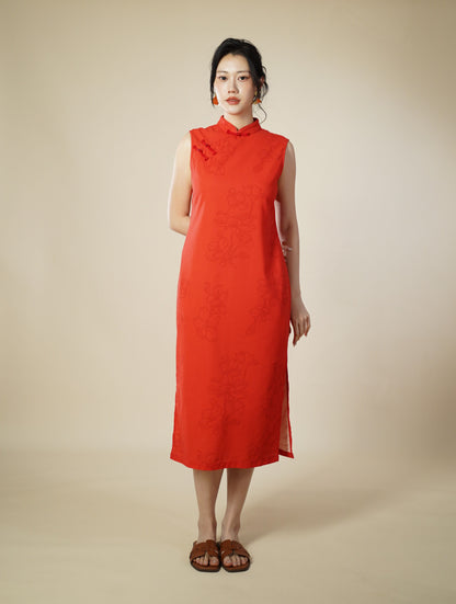 Printed Mandarin Collar Sleeveless Midi Dress