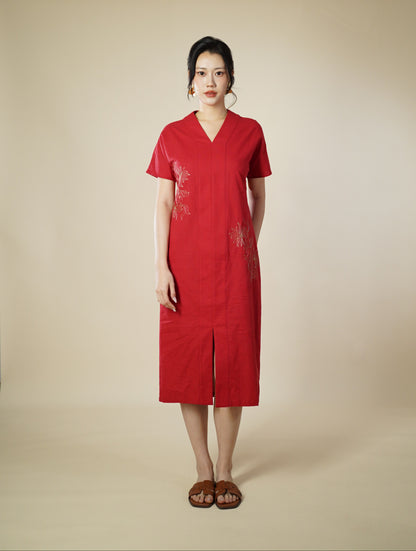 Embroidered Capped Sleeve Midi Dress