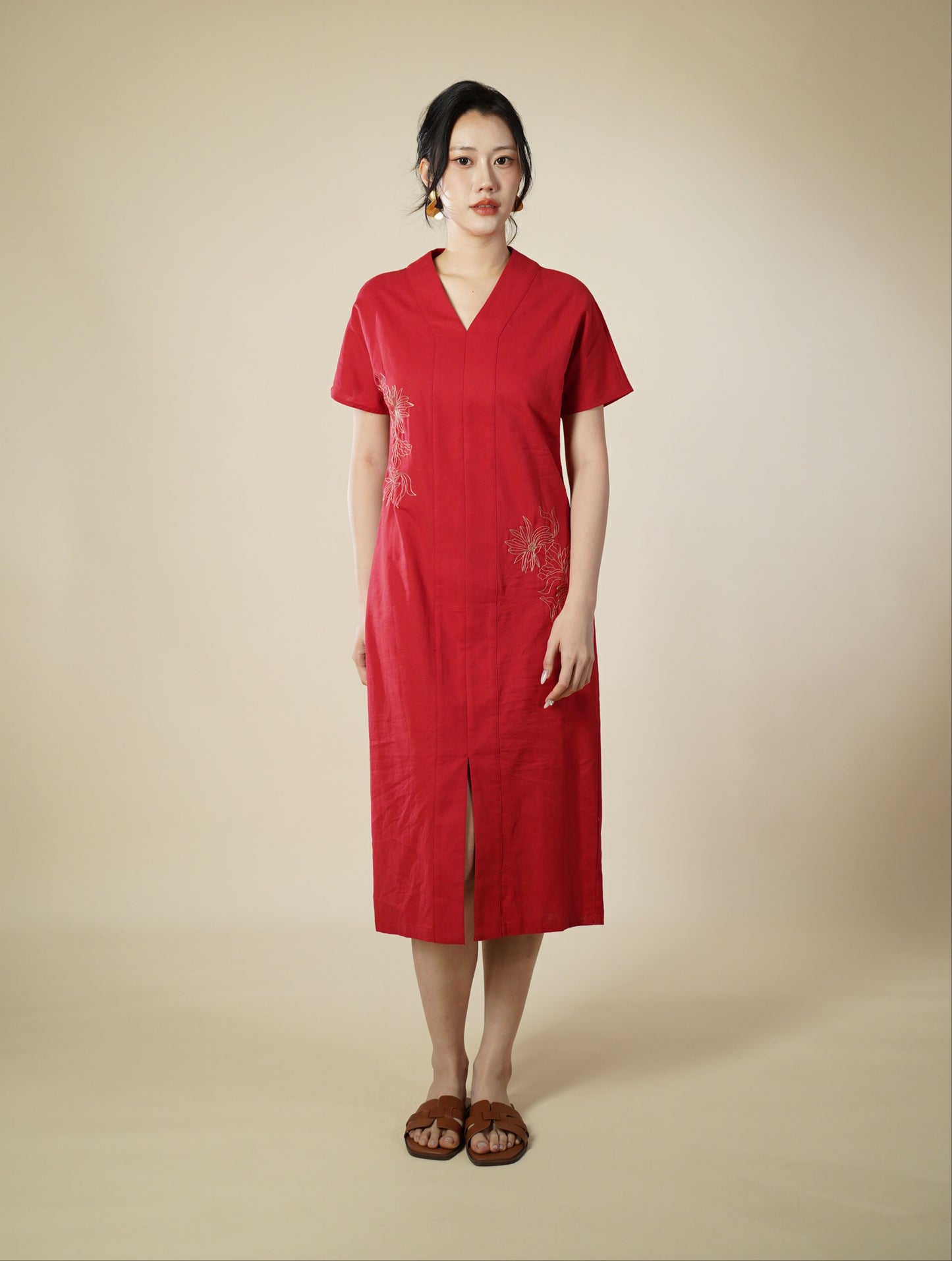 Embroidered Capped Sleeve Midi Dress