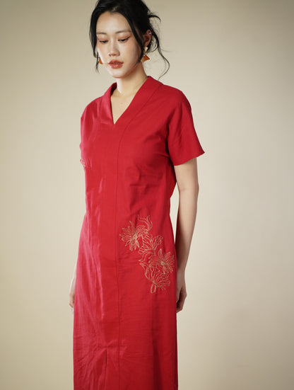 Embroidered Capped Sleeve Midi Dress