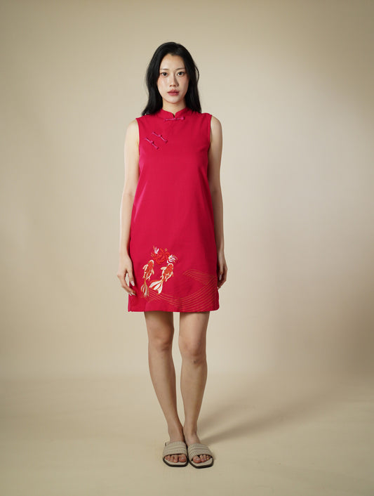 Embroidered Mandarin Collar Sleeveless Short Dress