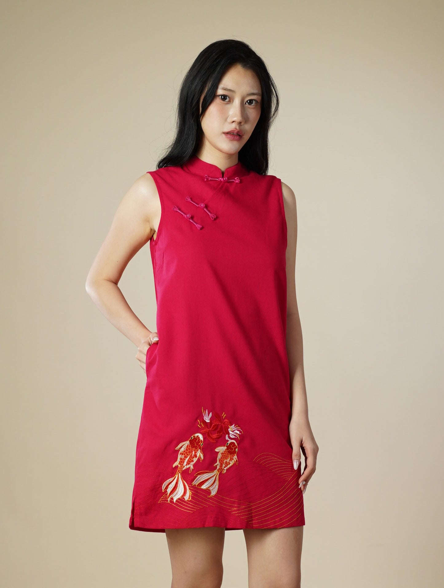 Embroidered Mandarin Collar Sleeveless Short Dress