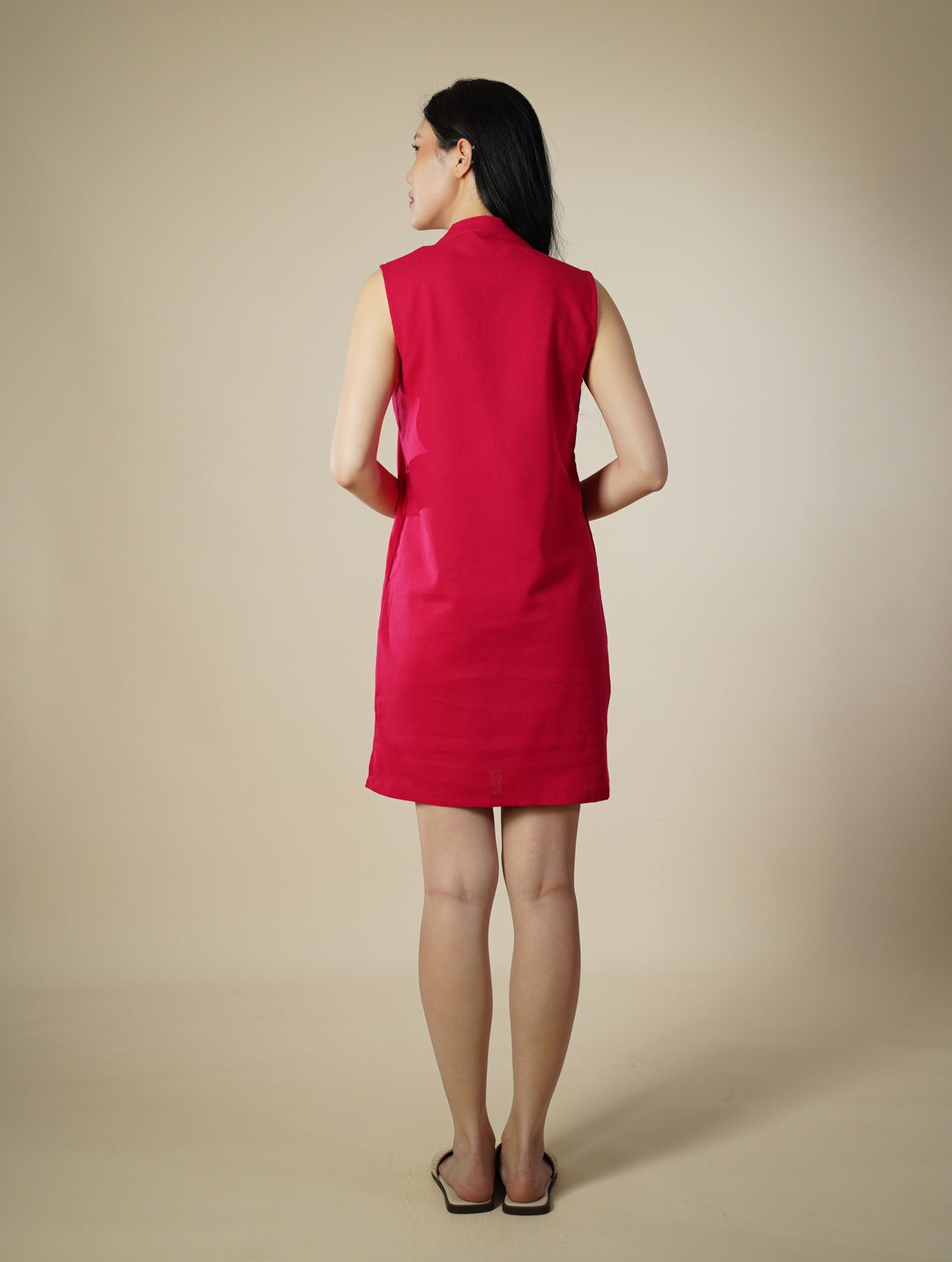 Embroidered Mandarin Collar Sleeveless Short Dress