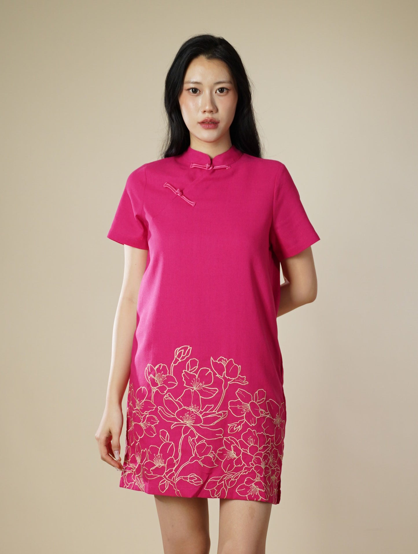 Embroidered Mandarin Collar Short Sleeve Short Dress