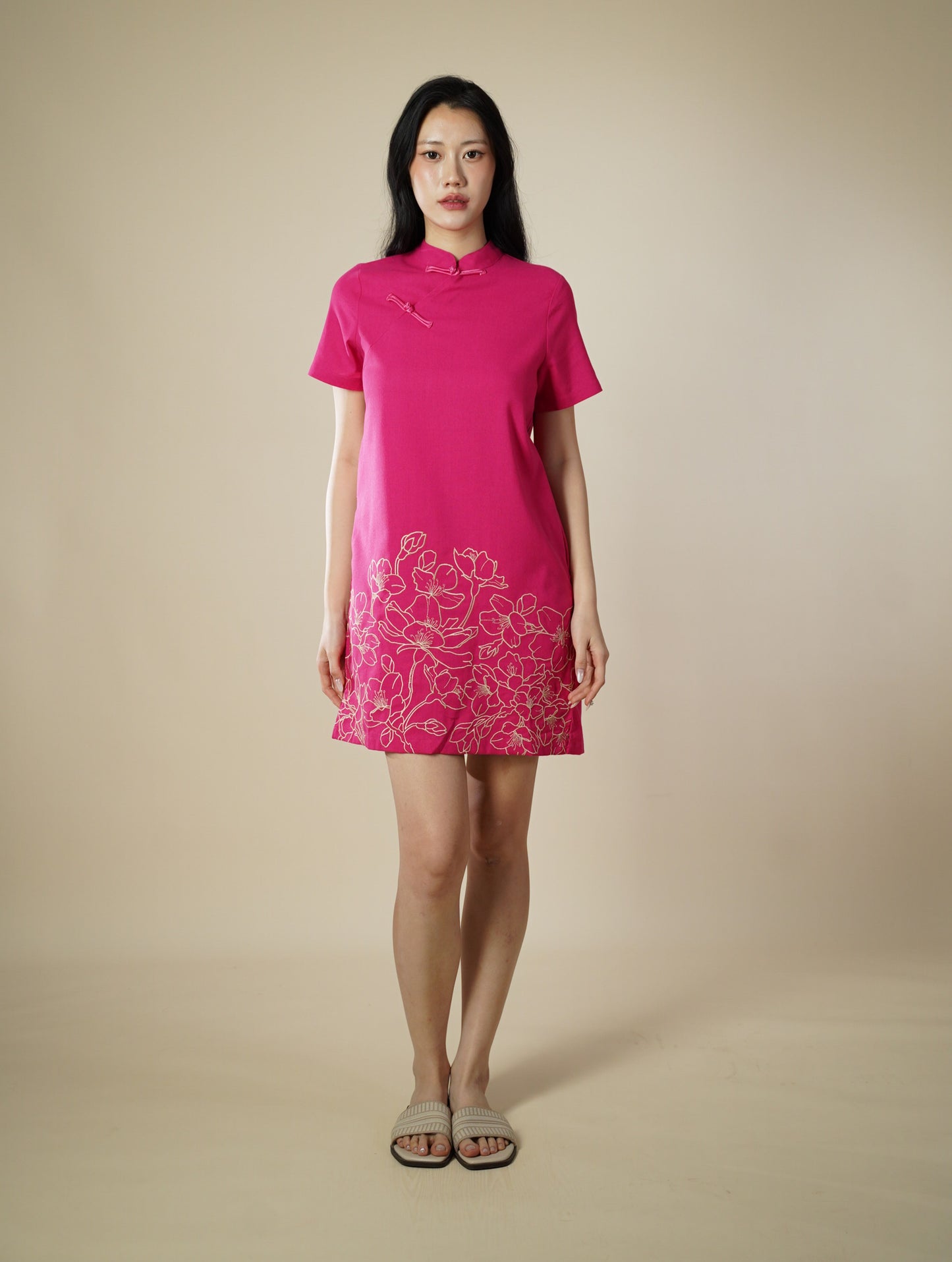 Embroidered Mandarin Collar Short Sleeve Short Dress