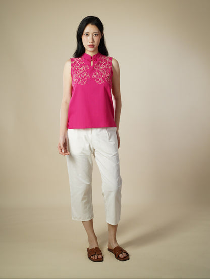 Embroidered Mandarin Collar Sleeveless Top