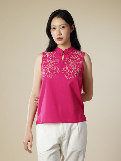 Embroidered Mandarin Collar Sleeveless Top