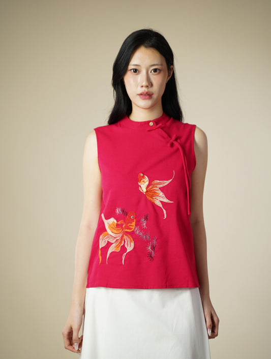 Embroidered Mandarin Collar Ribbon Sleeveless Top