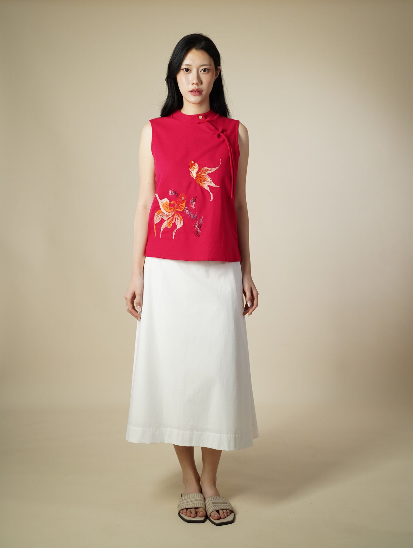 Embroidered Mandarin Collar Ribbon Sleeveless Top