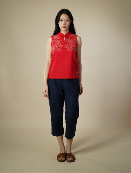 Embroidered Mandarin Collar Sleeveless Top