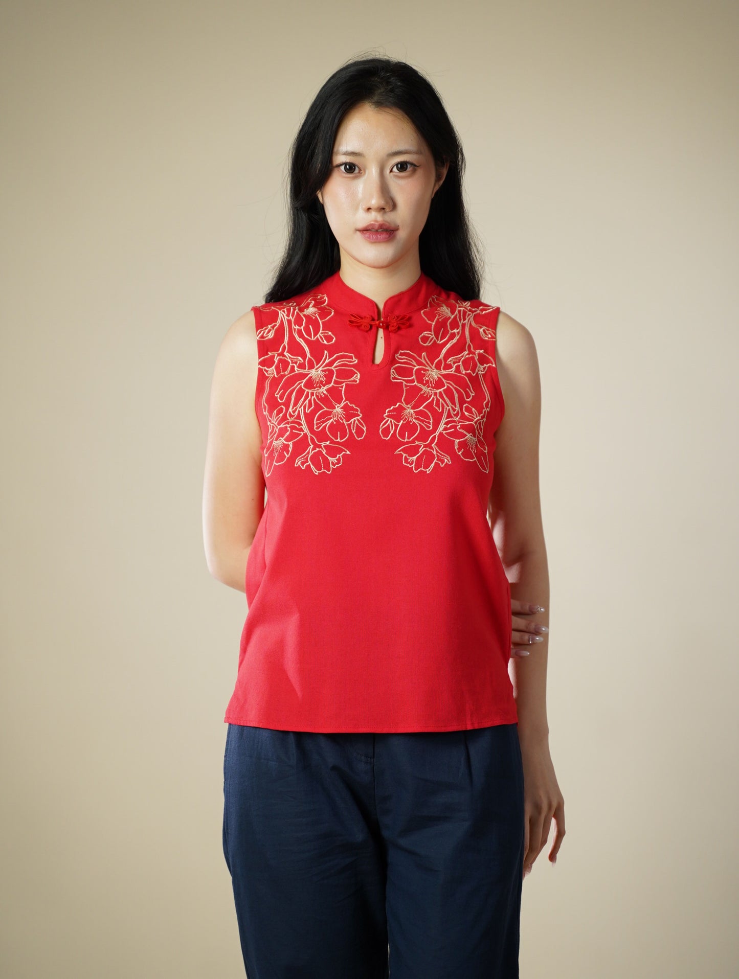 Embroidered Mandarin Collar Sleeveless Top