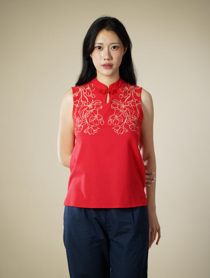 Embroidered Mandarin Collar Sleeveless Top