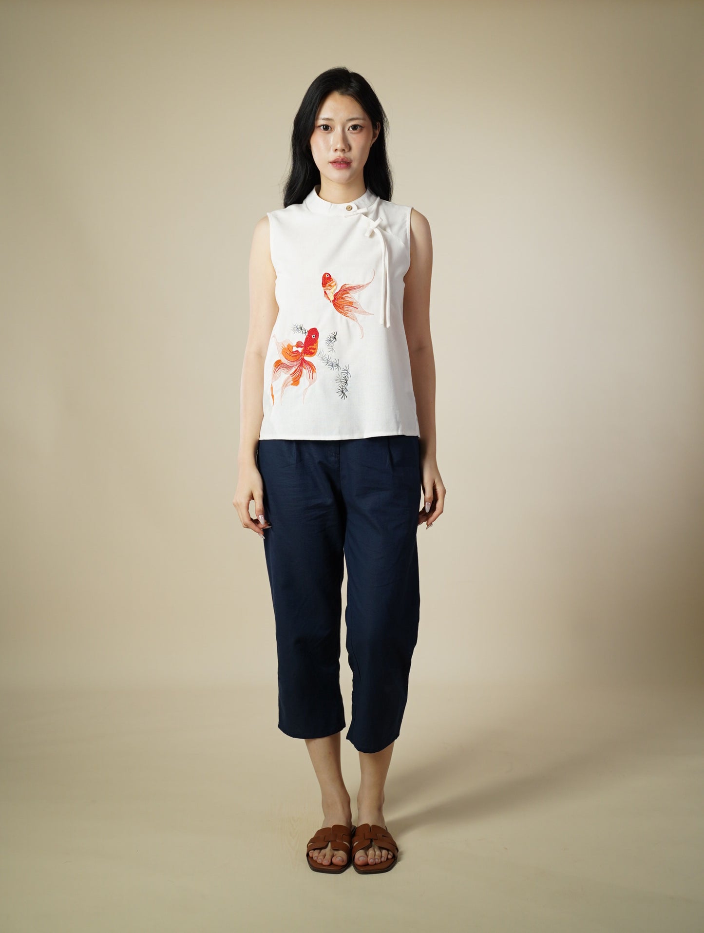 Embroidered Mandarin Collar Ribbon Sleeveless Top