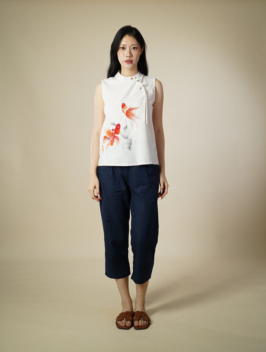 Embroidered Mandarin Collar Ribbon Sleeveless Top
