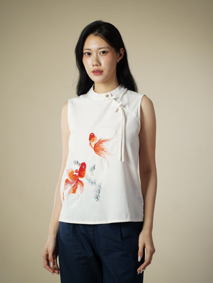 Embroidered Mandarin Collar Ribbon Sleeveless Top