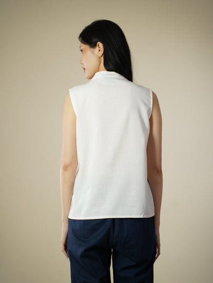 Embroidered Mandarin Collar Ribbon Sleeveless Top